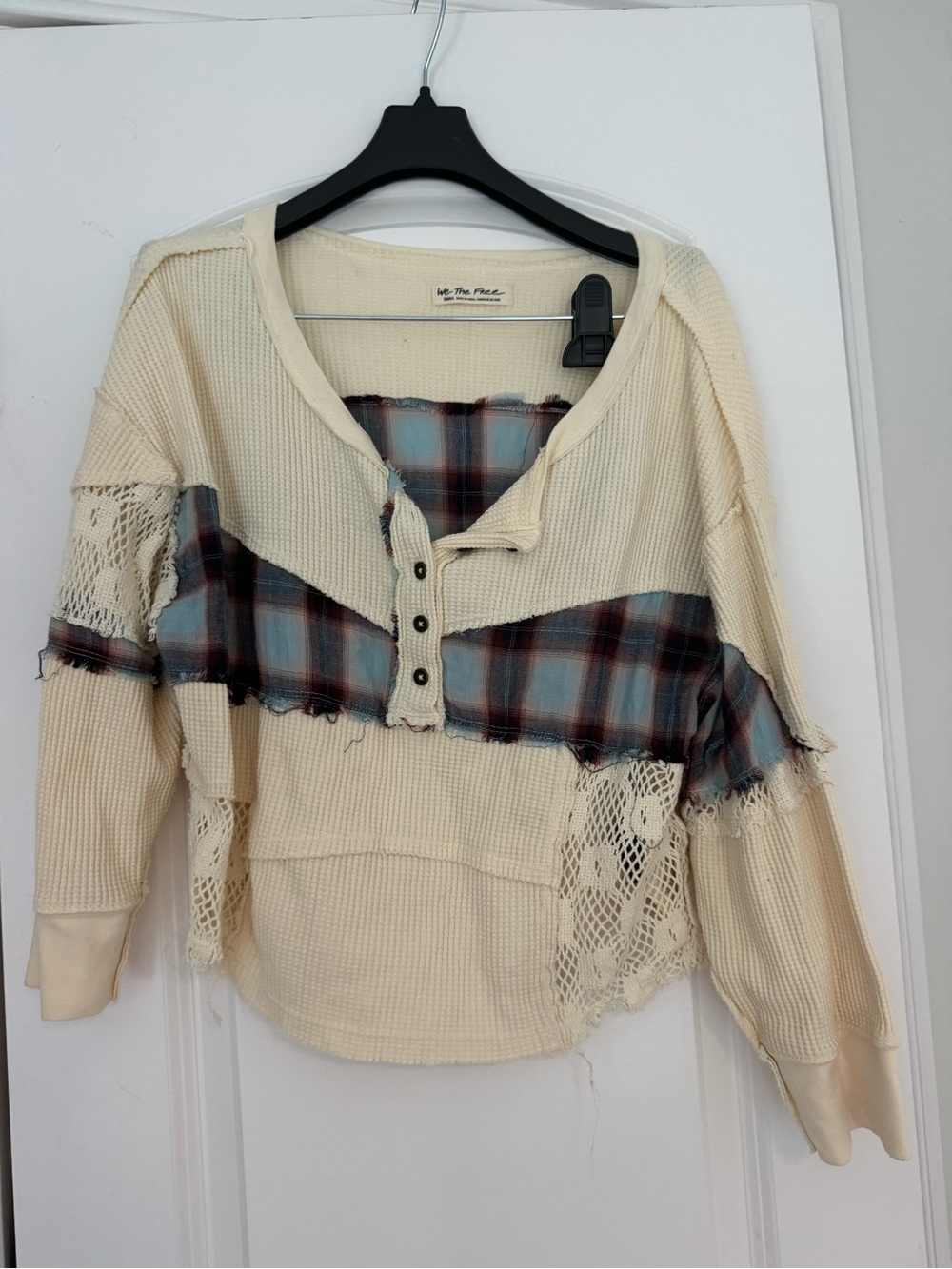 Ivory Cream Waffle Knit Henley Top with Plaid Panel